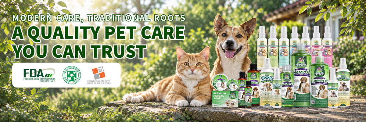 MDC Philippines premium pet care products with an Aspin dog and orange cat in a lush garden.
